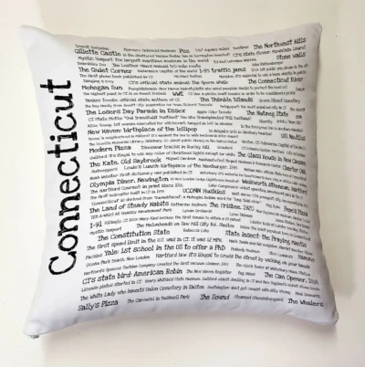 A pillow with the words " connecticut " written on it.