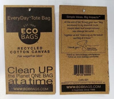 A bag of eco bags is shown with the tag.