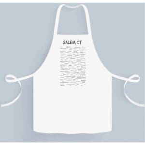 A white apron with the words salon ct written on it.