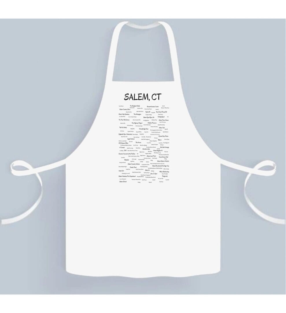 A white apron with the words salon ct written on it.