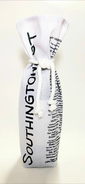 A white bottle bag with black writing on it.