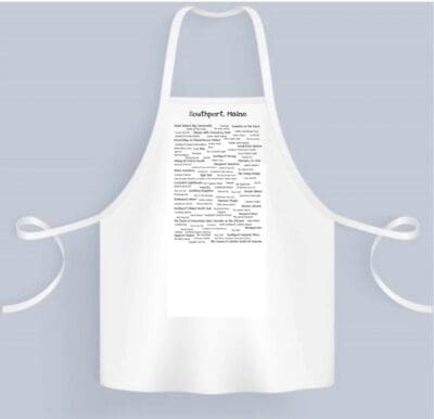 A white apron with some writing on it