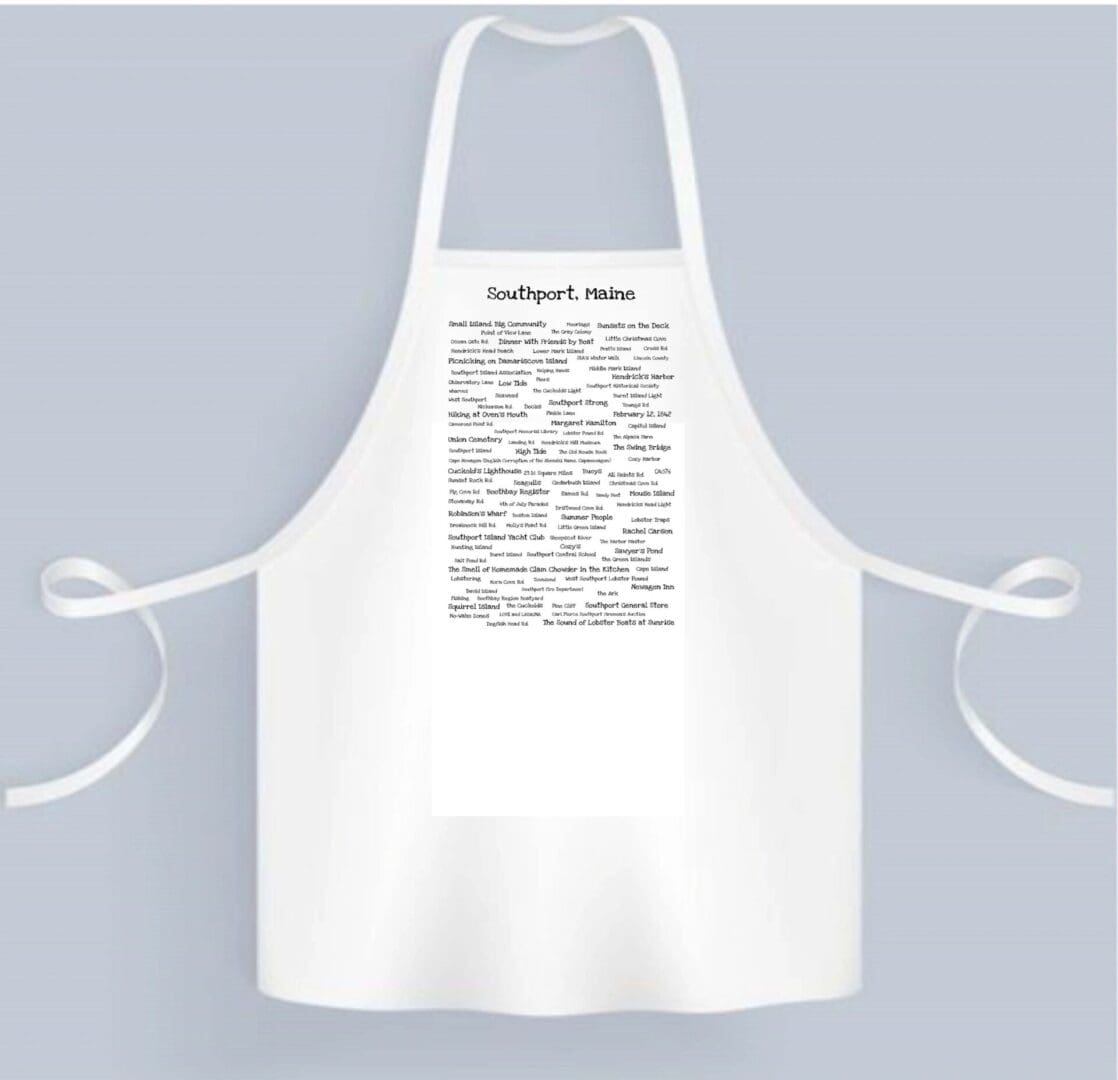 A white apron with some writing on it