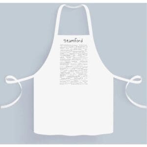 A white apron with some writing on it