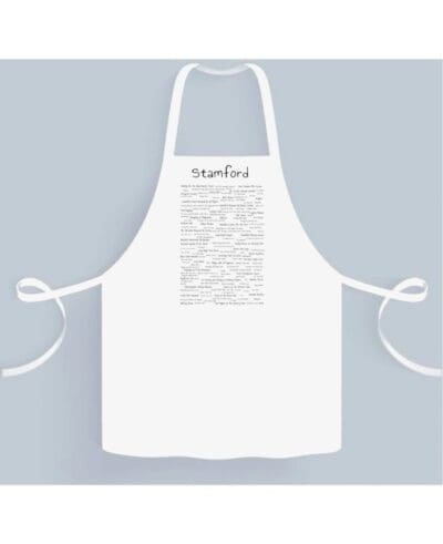 A white apron with some writing on it