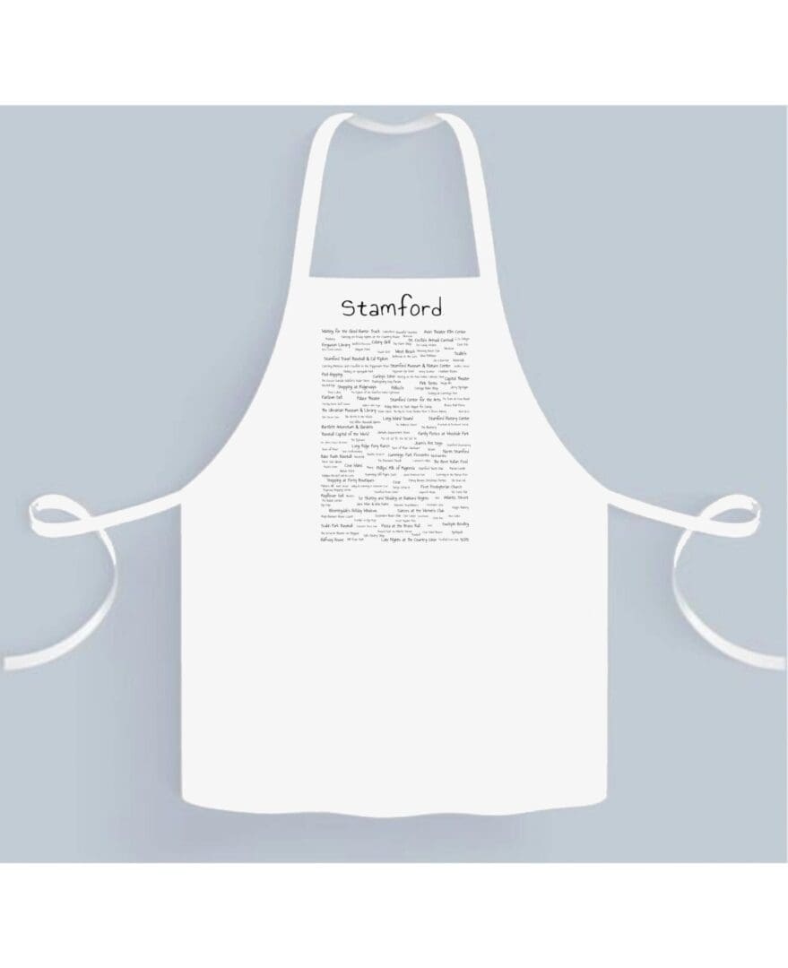 A white apron with some writing on it