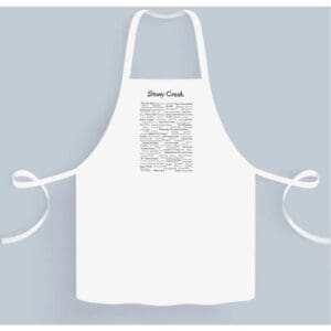 A white apron with a picture of a person 's face on it.