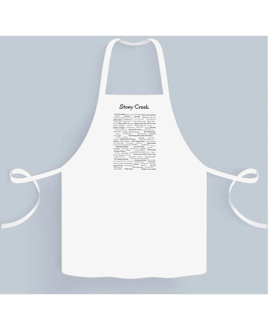 A white apron with a picture of a person 's face on it.