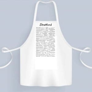 A white apron with the word " stratford ".