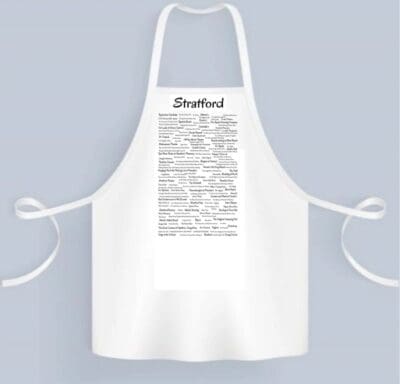 A white apron with the word " stratford ".