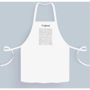 A white apron with the word " thread " written on it.