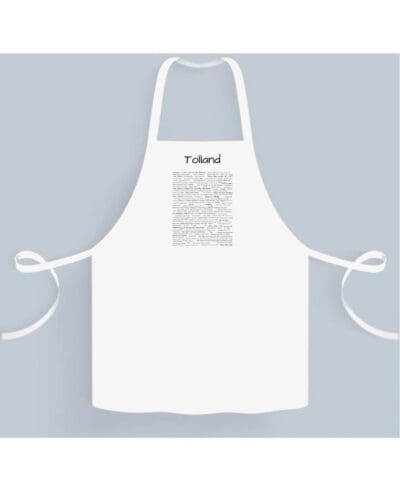 A white apron with the word " thread " written on it.