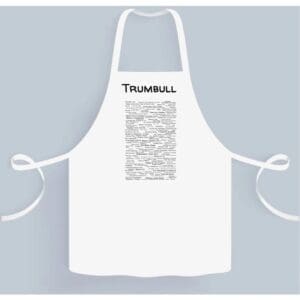 A white apron with the word " thimbul " written on it.