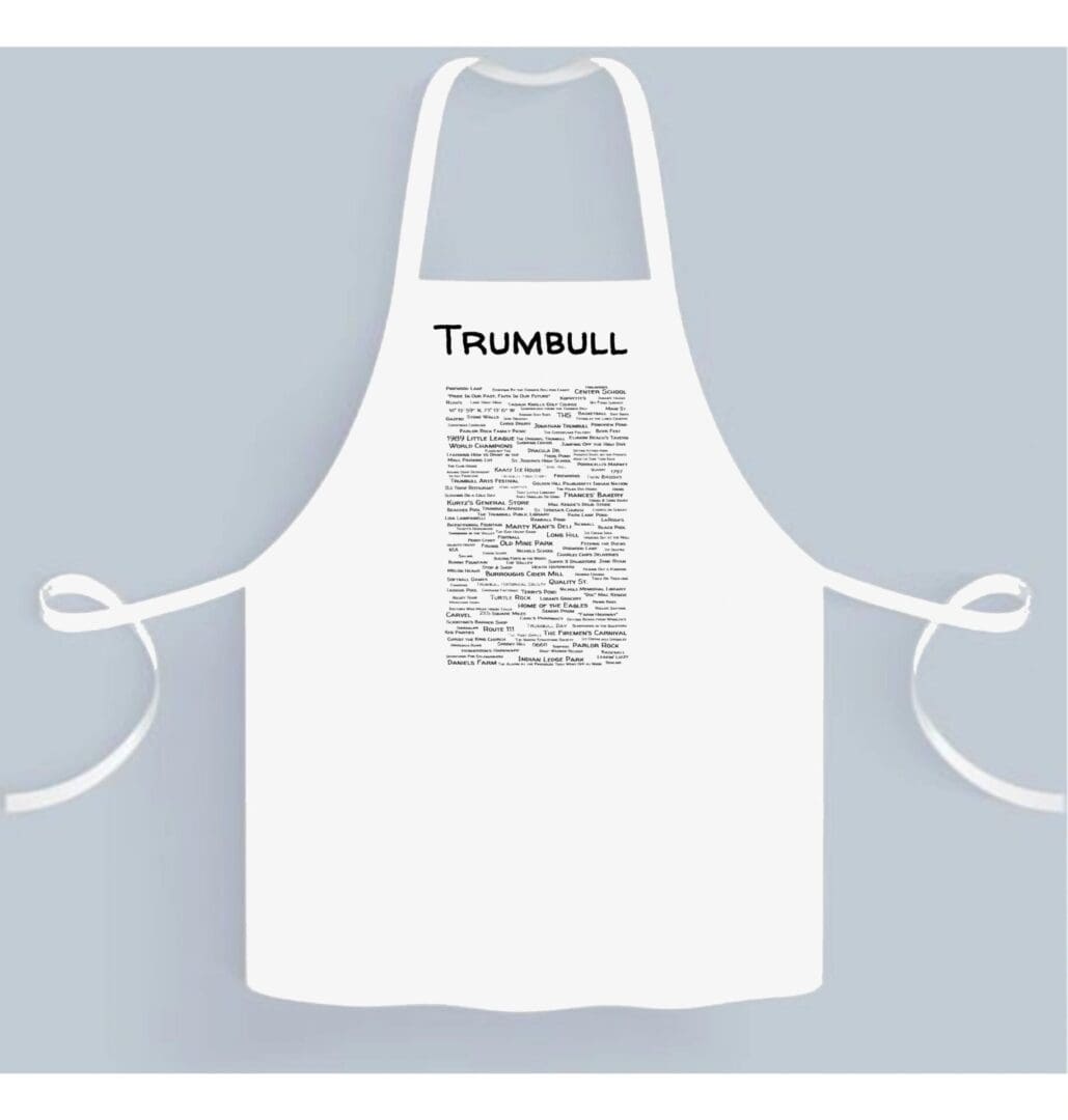 A white apron with the word " thimbul " written on it.