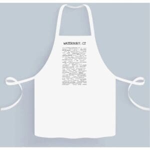 A white apron with the words " wednesday, 1 2 pm ".