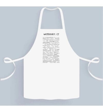 A white apron with the words " wednesday, 1 2 pm ".