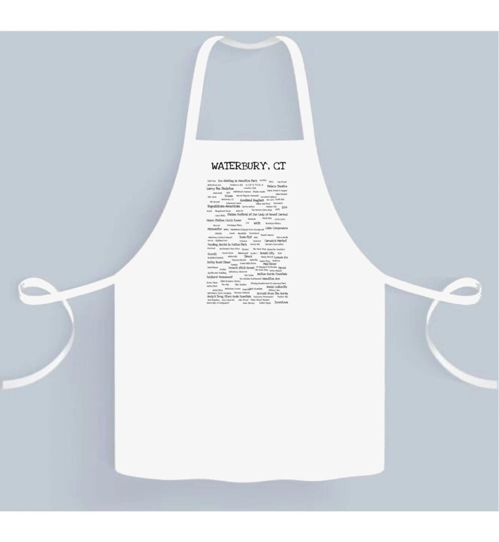 A white apron with the words " wednesday, 1 2 pm ".