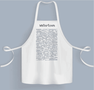 A white apron with the word " watertown " written on it.