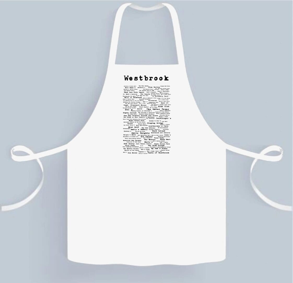 A white apron with black text on it.