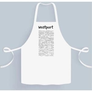 A white apron with many words written on it.