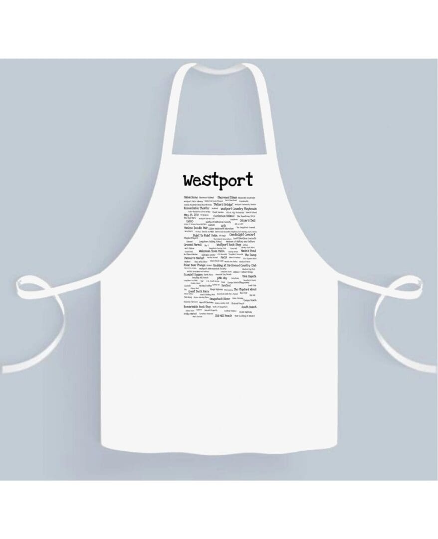 A white apron with many words written on it.