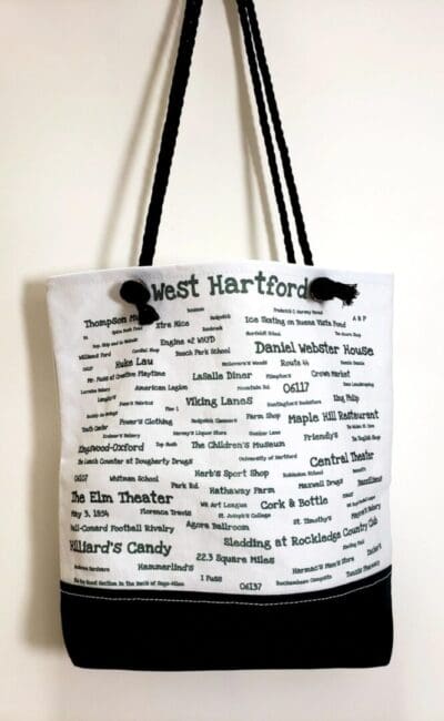 A bag with many words written on it