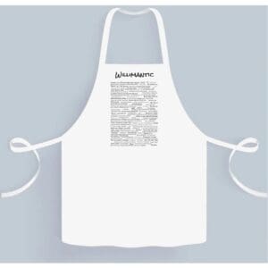 A white apron with a black and white drawing of a person.