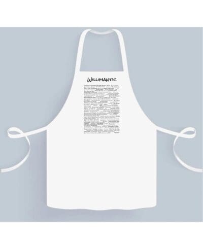 A white apron with a black and white drawing of a person.