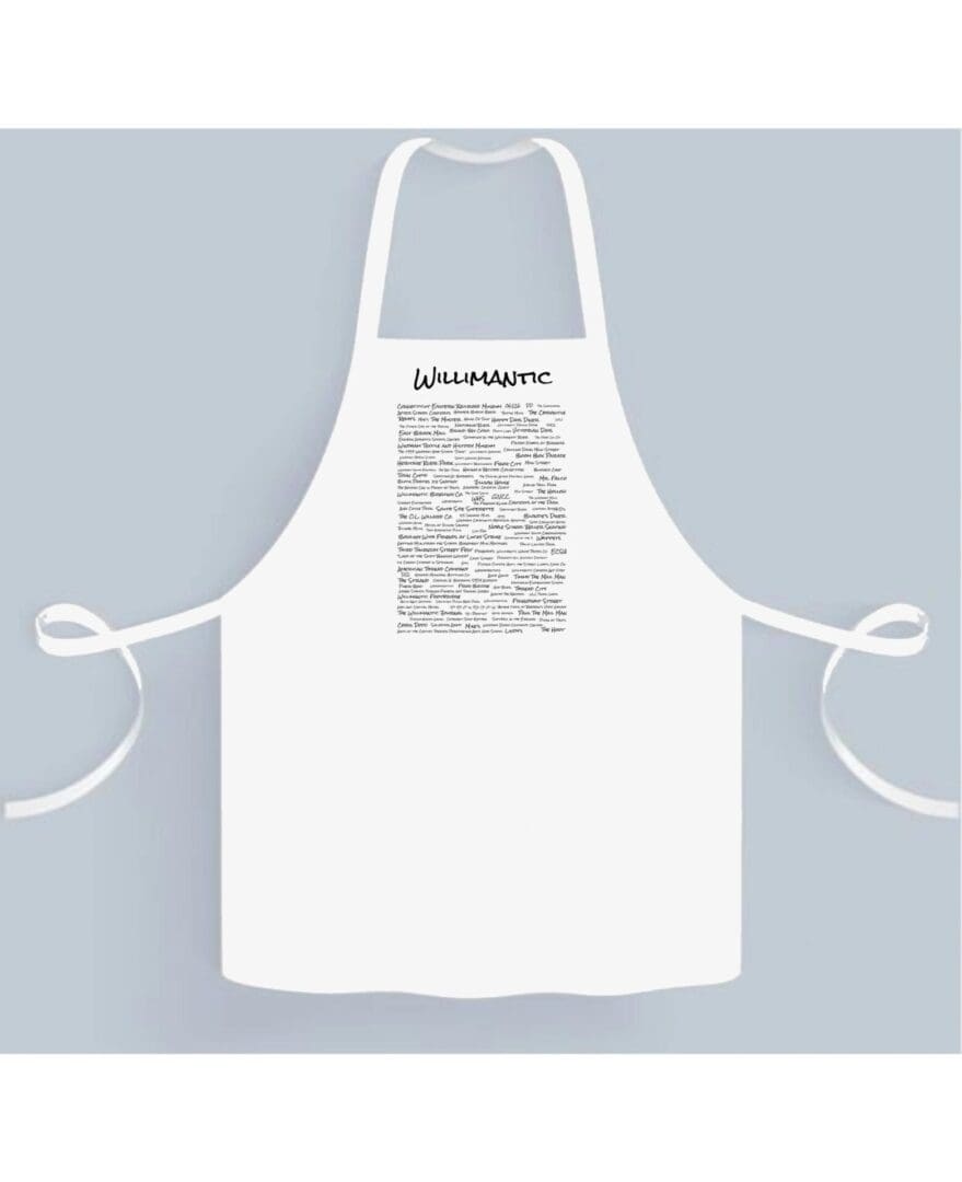 A white apron with a black and white drawing of a person.