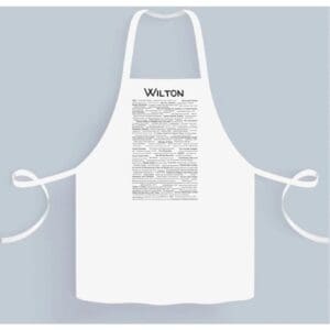 A white apron with a black and white image of the word " welkom ".