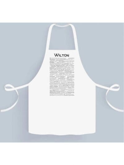 A white apron with a black and white image of the word " welkom ".