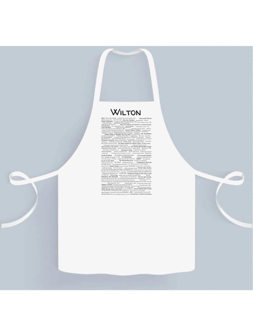 A white apron with a black and white image of the word " welkom ".