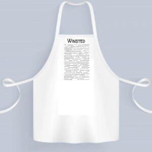 A white apron with the words " waermo " written on it.