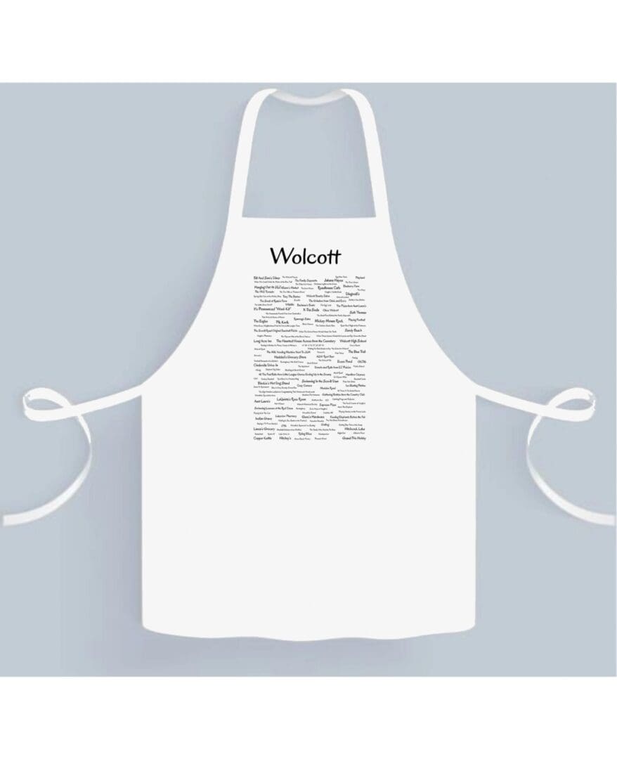 A white apron with the word " walnut " written on it.