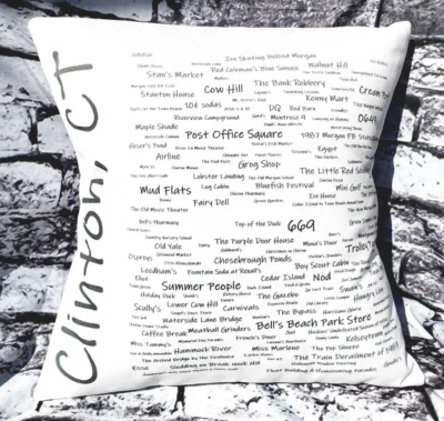 A pillow with the words clinton, ct written on it.