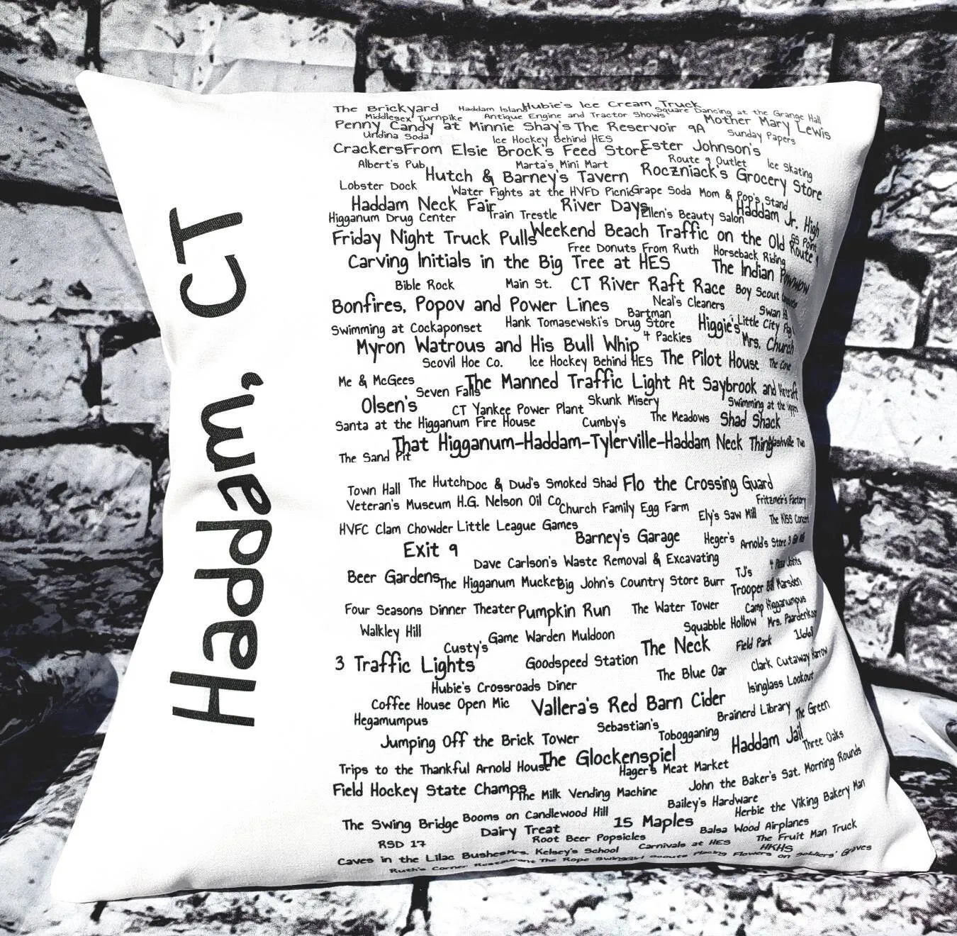 A pillow with the words haddam, ct written on it.