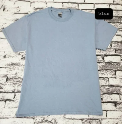 A light blue t-shirt is shown on a brick wall.