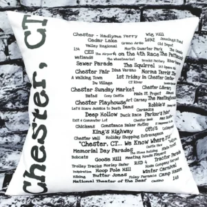 A pillow with the names of all the places in chester.