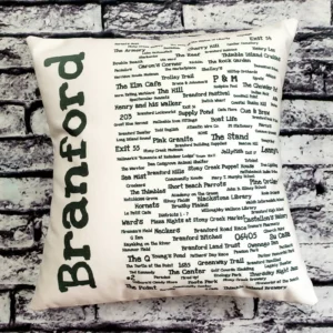 A pillow with the name of branford written in many different languages.