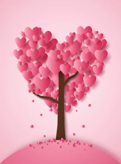 A tree with pink hearts in the shape of a heart.