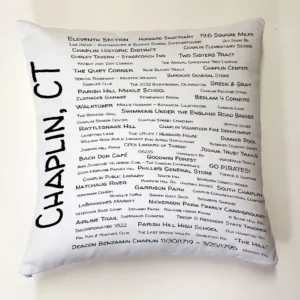 A white pillow with the words chaplin, ct written on it.