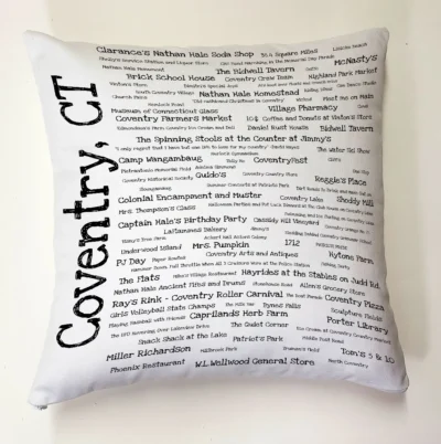 A pillow with the words coventry, ct written on it.