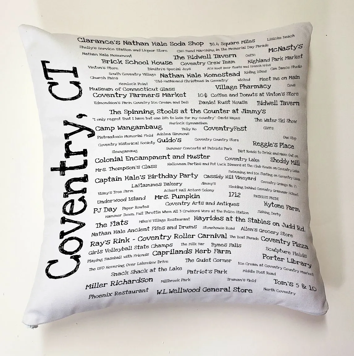 A pillow with the words coventry, ct written on it.