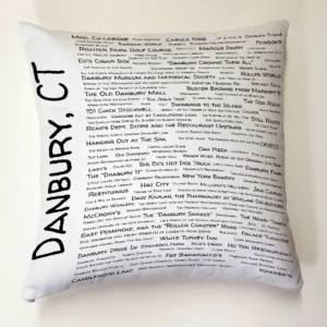 A pillow with the words danbury, ct written on it.