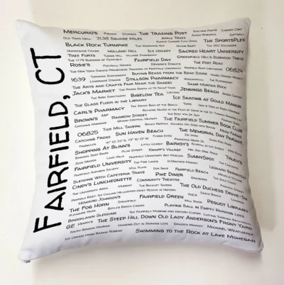 A pillow with the words fairfield, ct written on it.