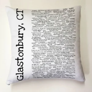 A pillow with the words glastonbury, ct written on it.