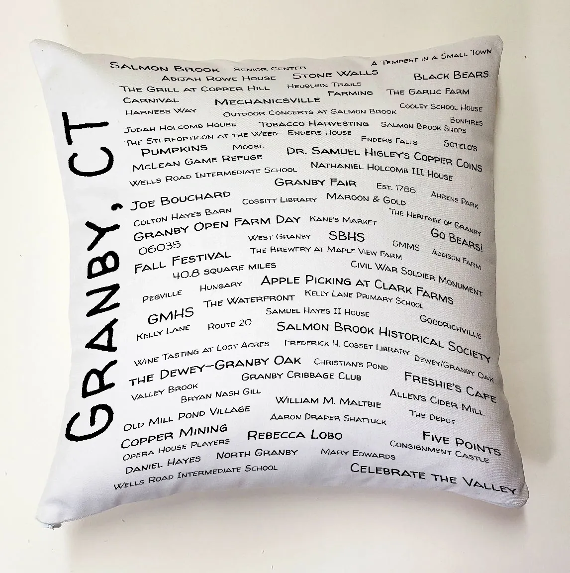 A pillow with many words written on it