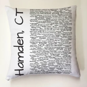 A pillow with the words hamden, ct written on it.