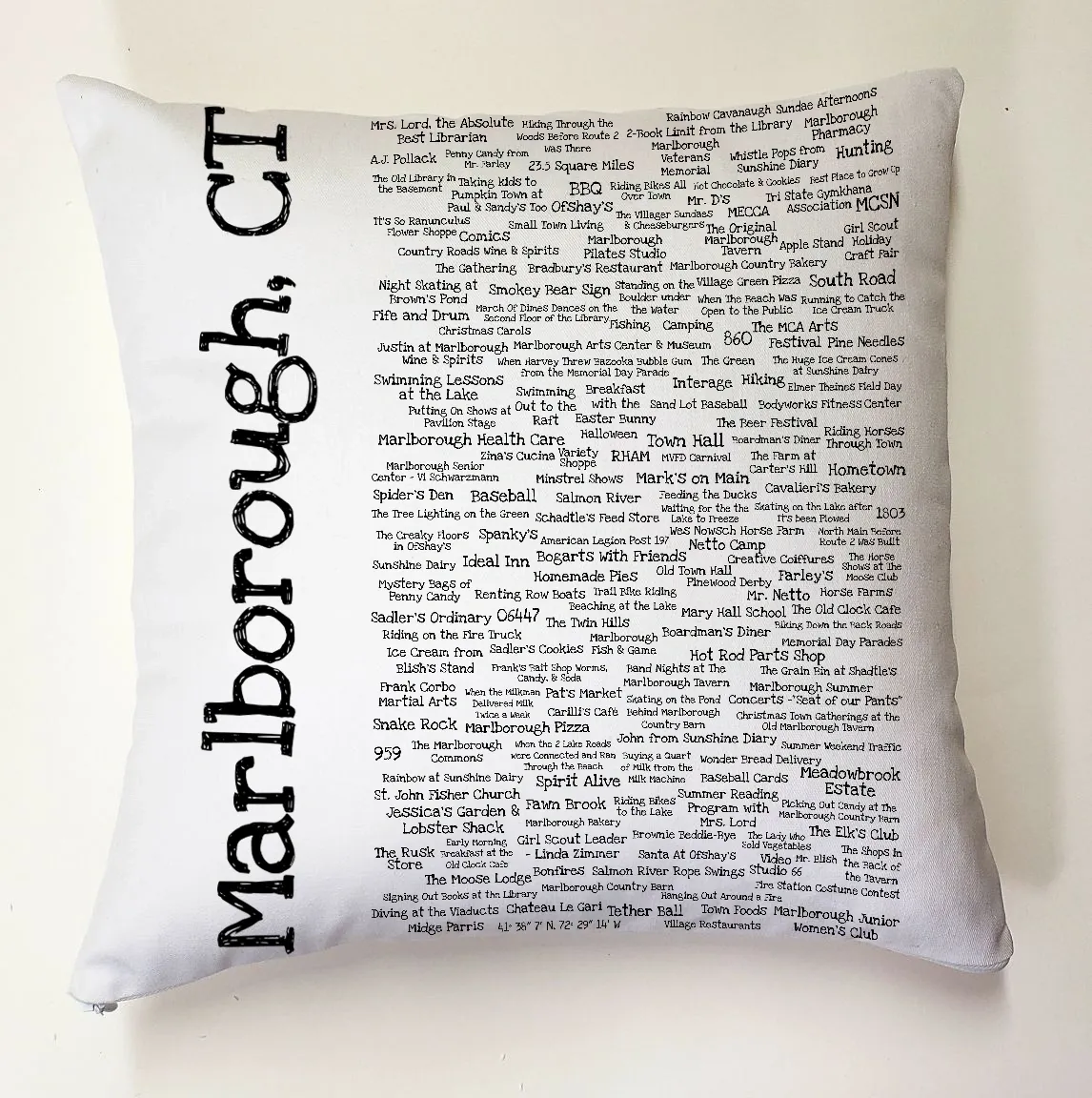 A pillow with the words marlborough, ct written on it.