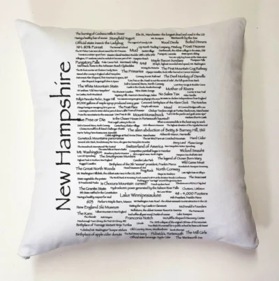 A pillow with many different words written on it.